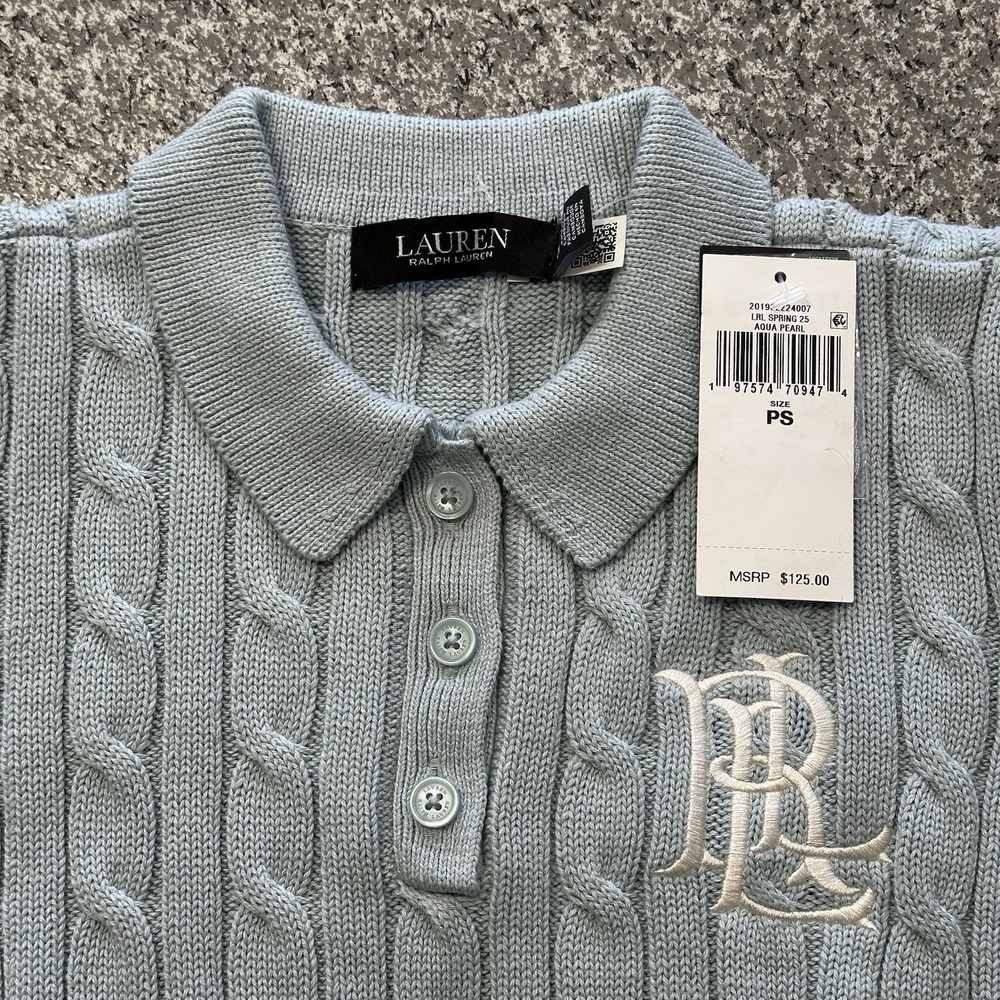 Lauren Ralph Lauren Cable Knit Polo Shirt Womens Petite Small PS Aqua Pearl Blue - Picture 2 of 7